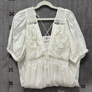 UO Marlee Eyelet Puff Sleeve Mini Dress, White, Size XS